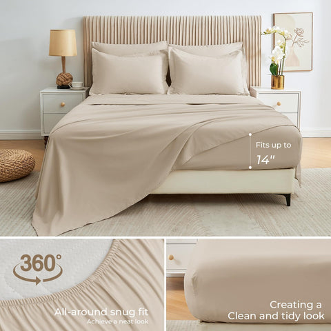 Sasttie queen fitted sheet beige with 360-degree elastic fits up to fourteen inches
