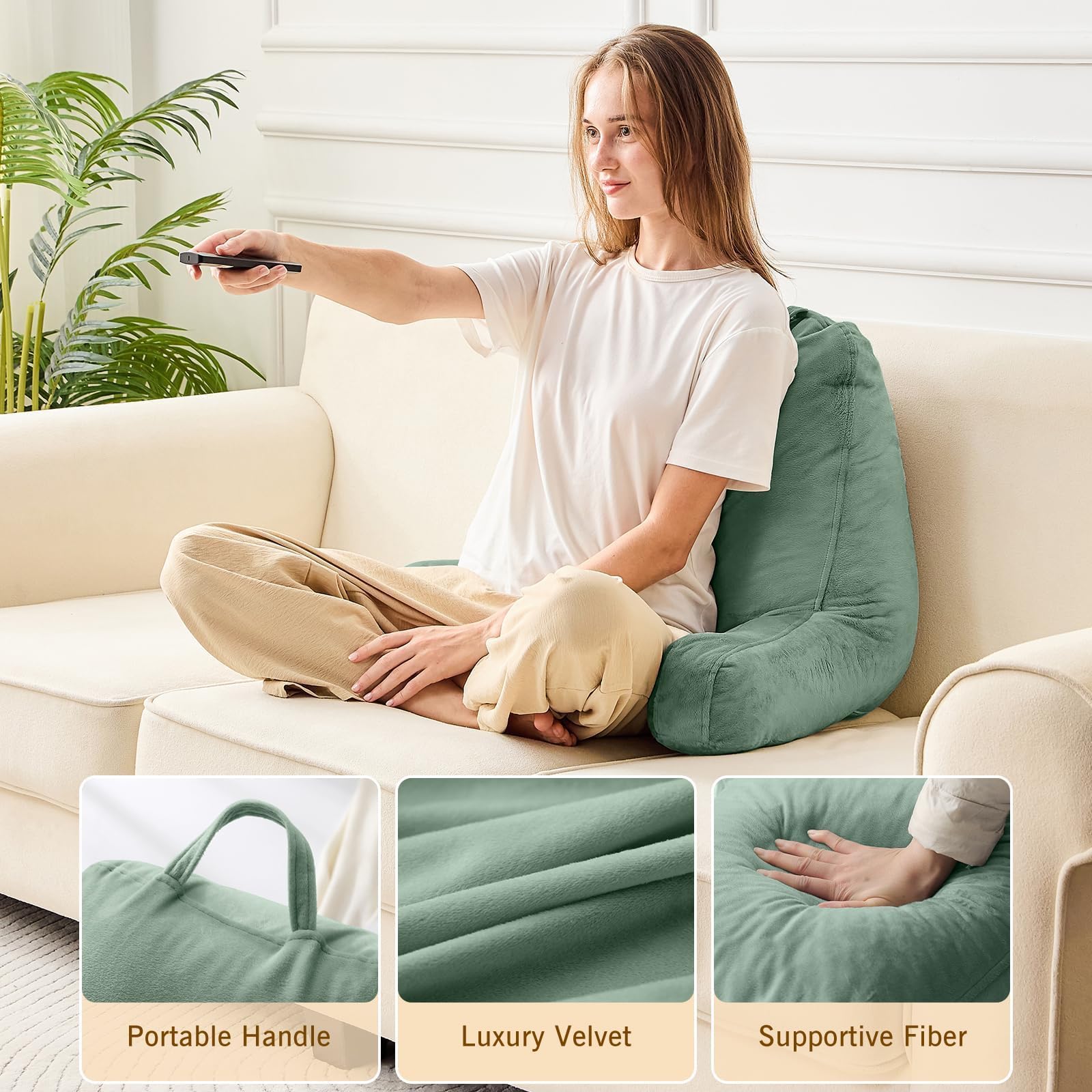 Sasttie Reading Pillow bed sit-up scene offers elevated back support in bed.