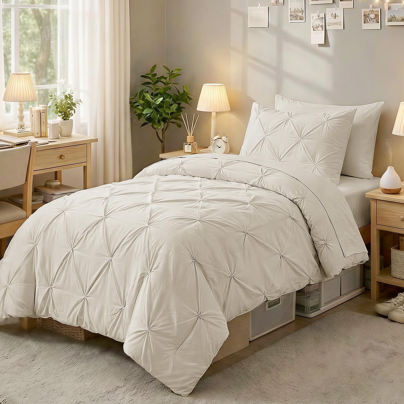 Sasttie Twin Comforter Set beige pintuck detail for a refined bedroom look.