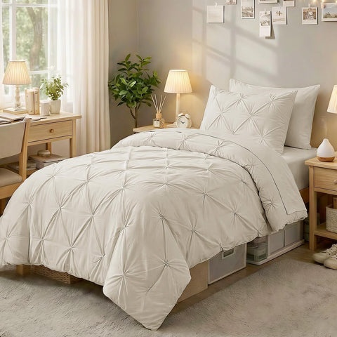 Sasttie Twin Comforter Set beige pintuck detail for a refined bedroom look.