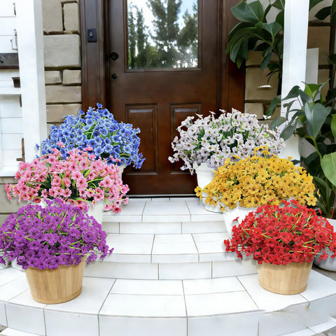 Satefello blue hanging basket display offers maintenance free seasonal charm.