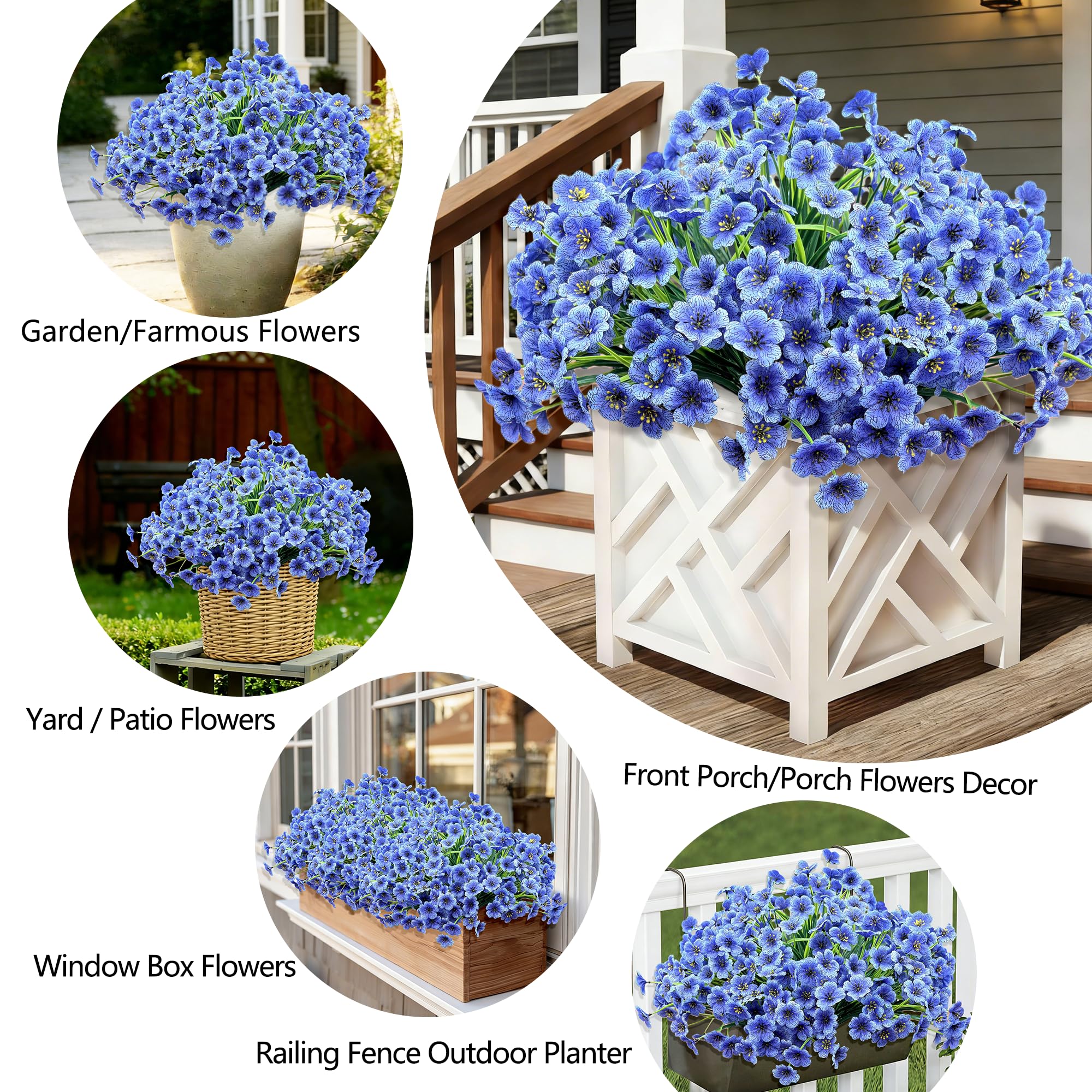 Satefello blue window box decor natural look that stays vibrant in sun outdoors.