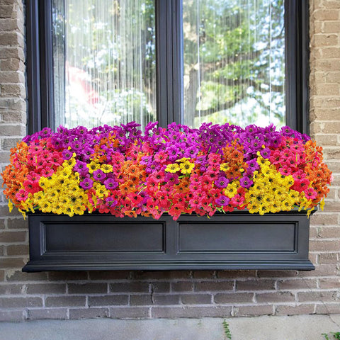 Satefello no-fade silk flowers shown on a sunlit porch.