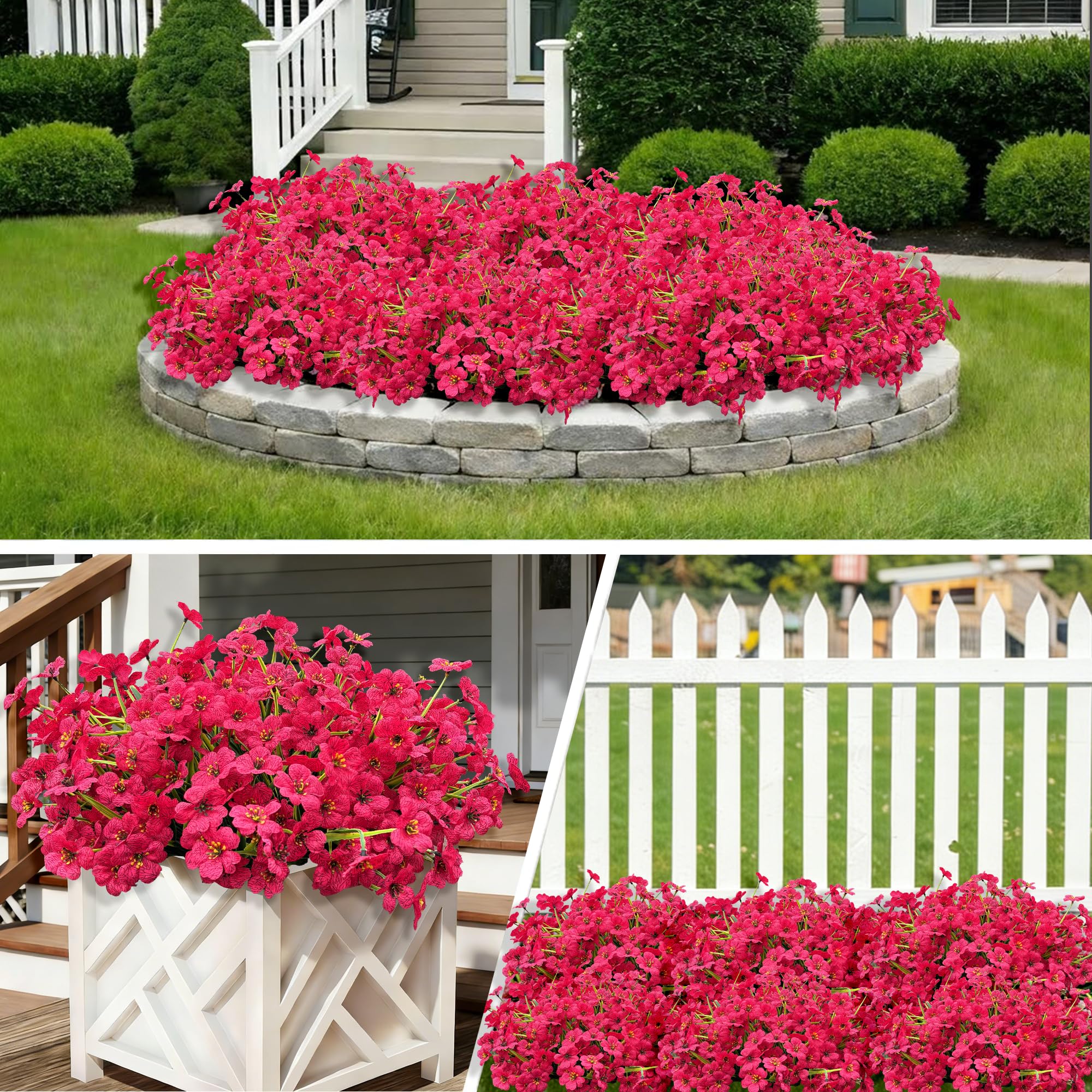 Satefello outdoor planters with faux flowers for year-round color