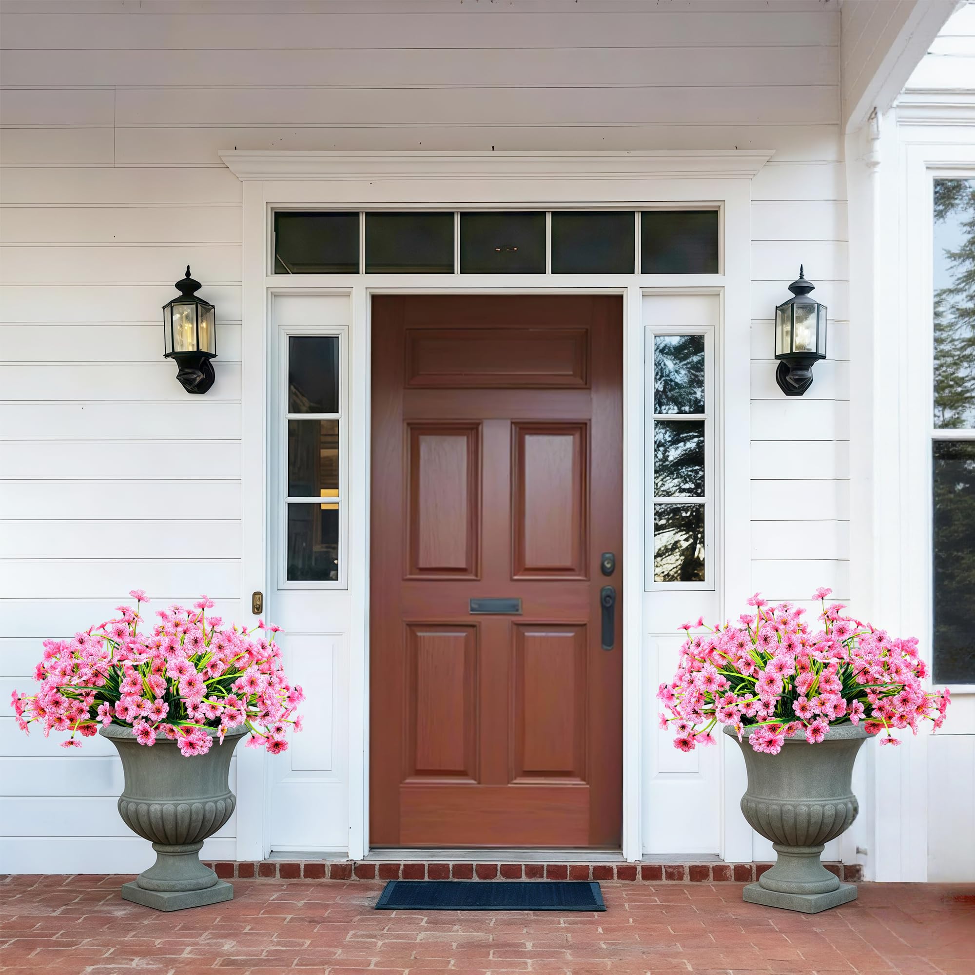 Satefello pink faux flowers arranged for window boxes.