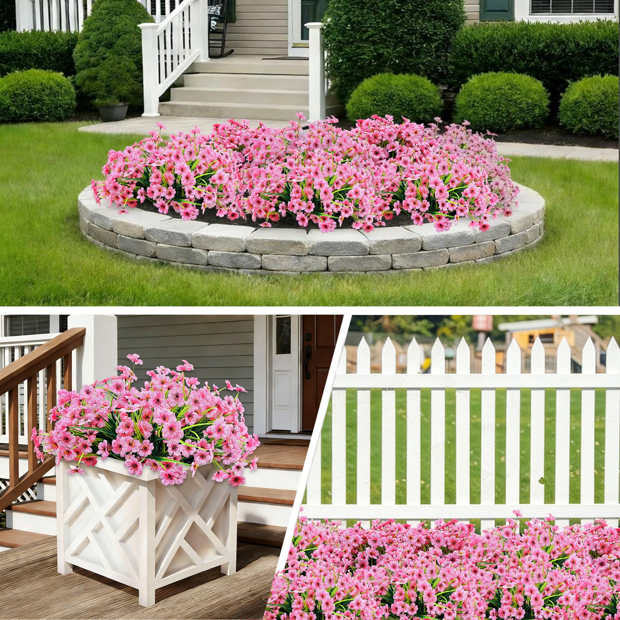 Satefello pink artificial flowers decorating a front porch.