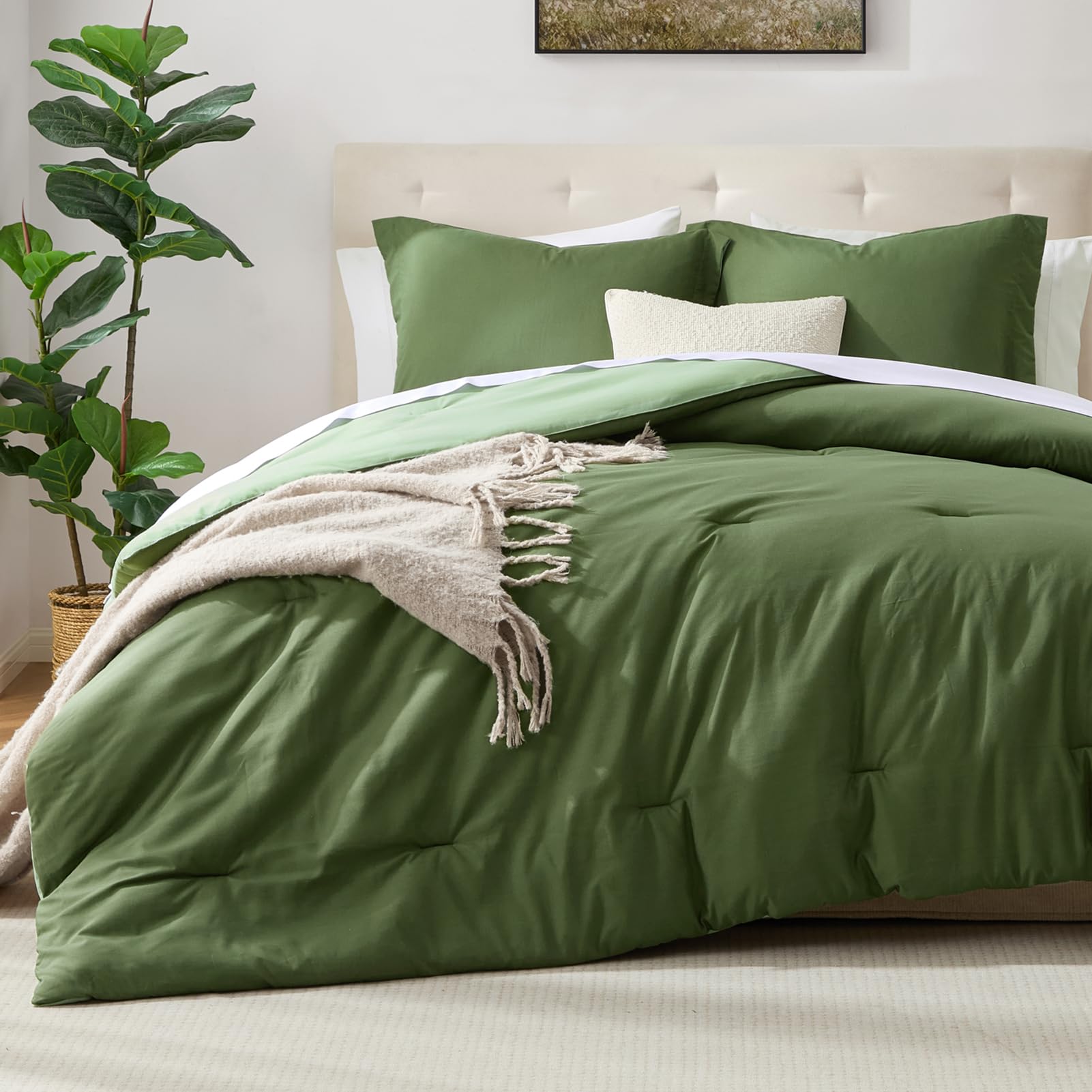Satisomnia Green Queen Comforter Set front view shows reversible olive and sage hues for easy styling