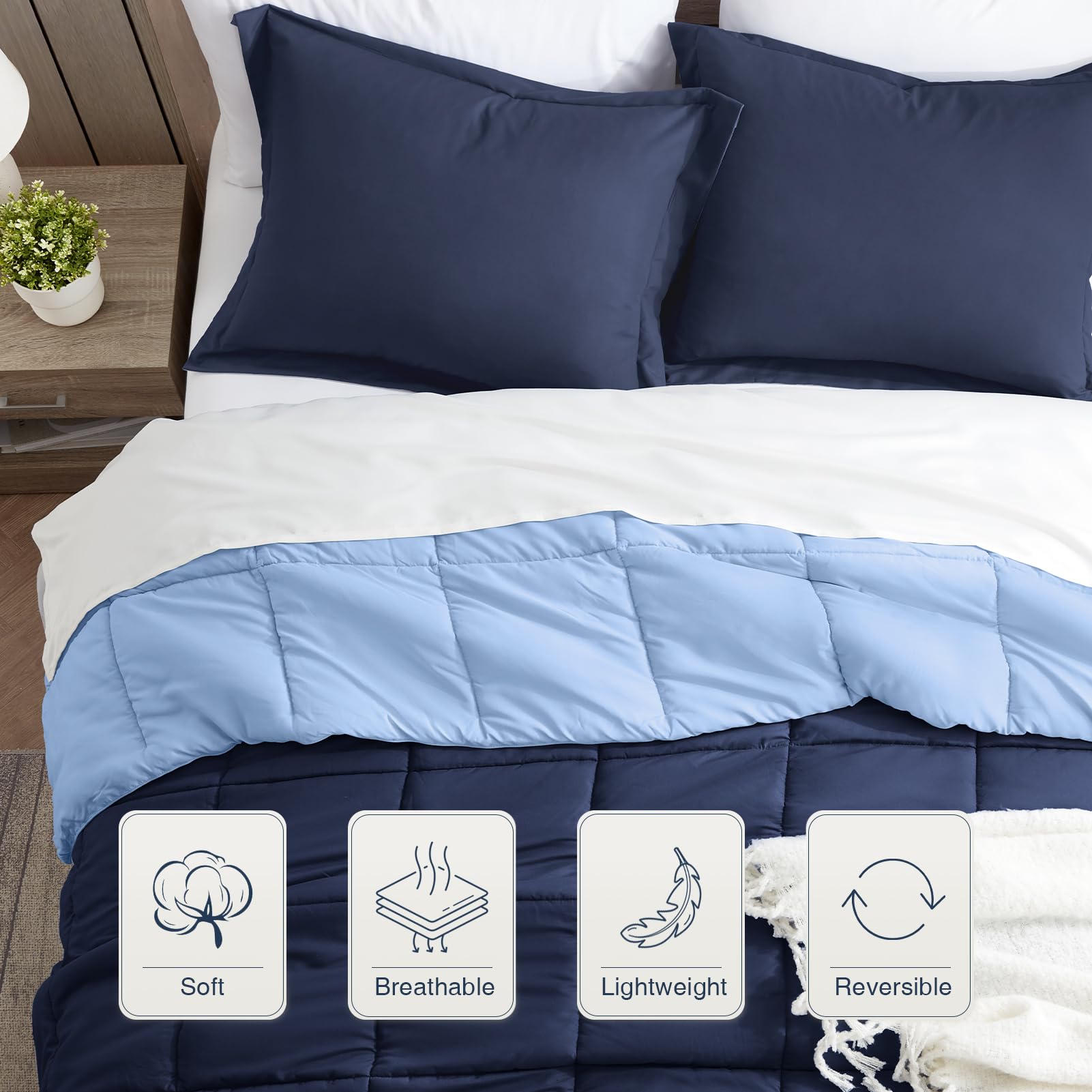 Satisomnia reversible design showcased on navy to light blue sides.