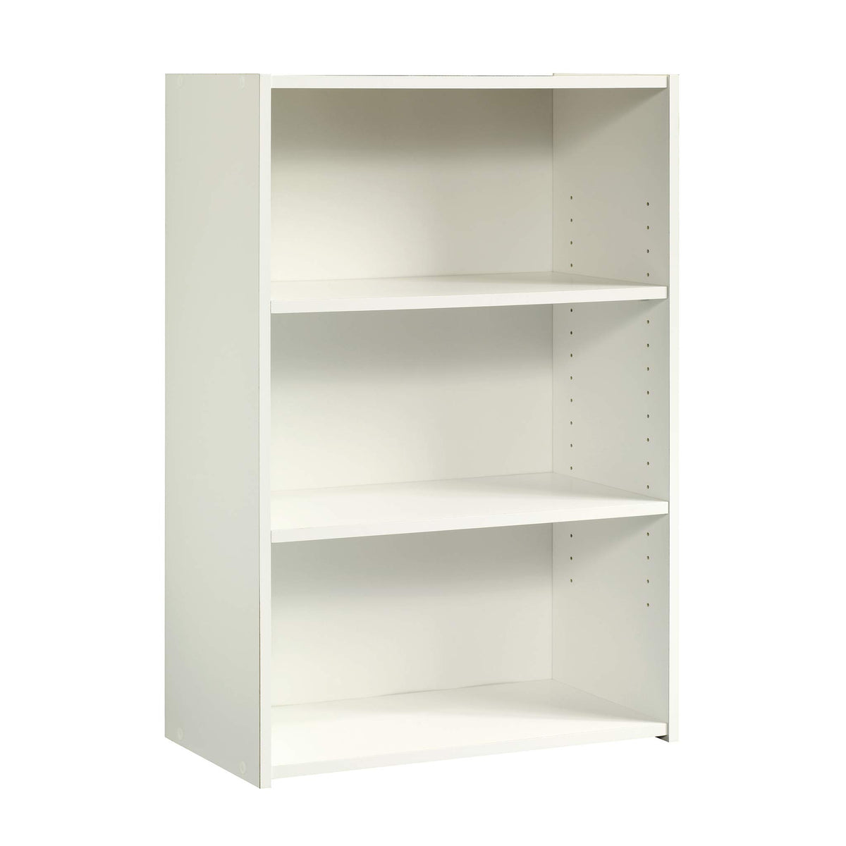 Sauder Beginnings 3-shelf bookcase in soft white, front view, ideal for living spaces