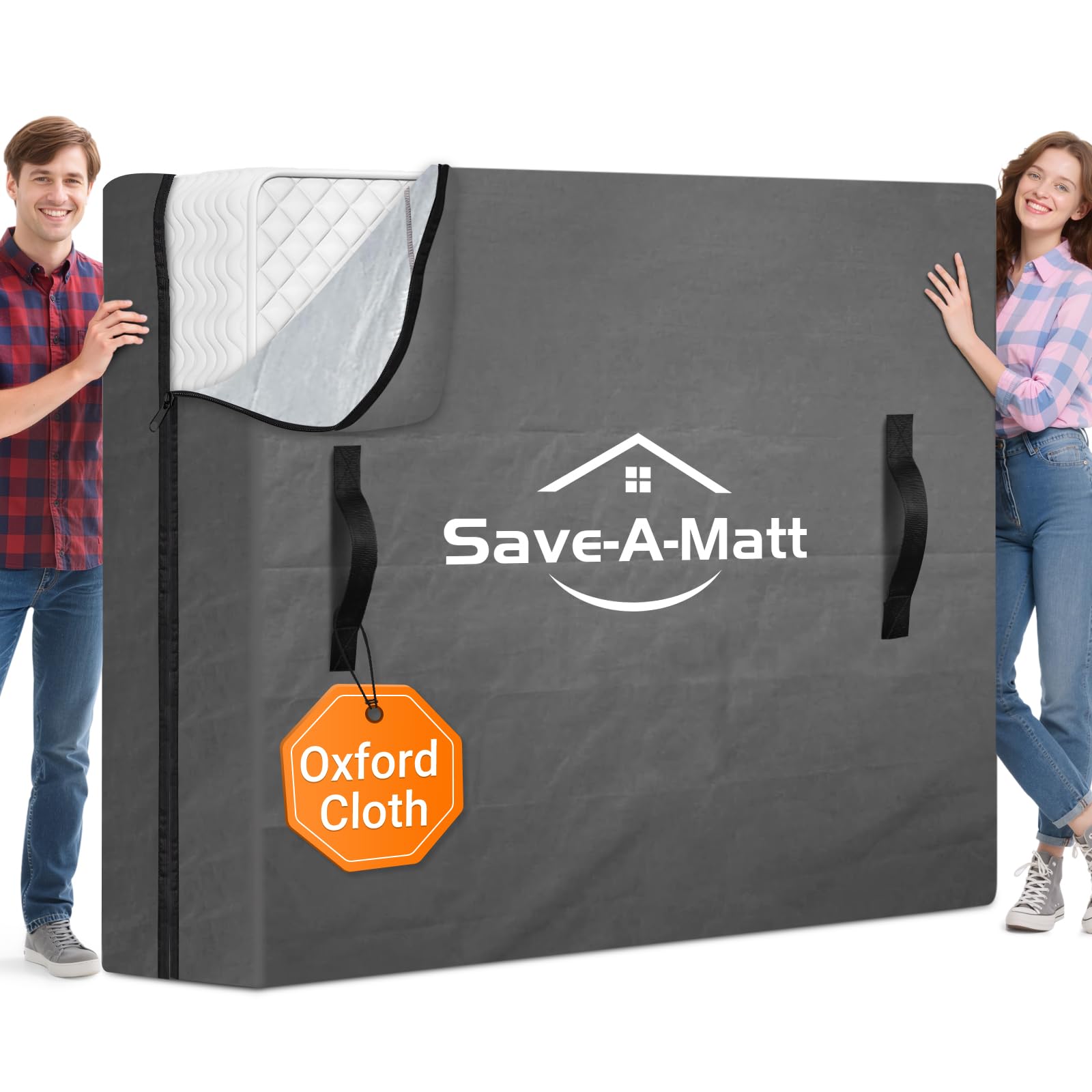 SaveAMatt mattress bag with heavy-duty handles for easy lifting during a move.