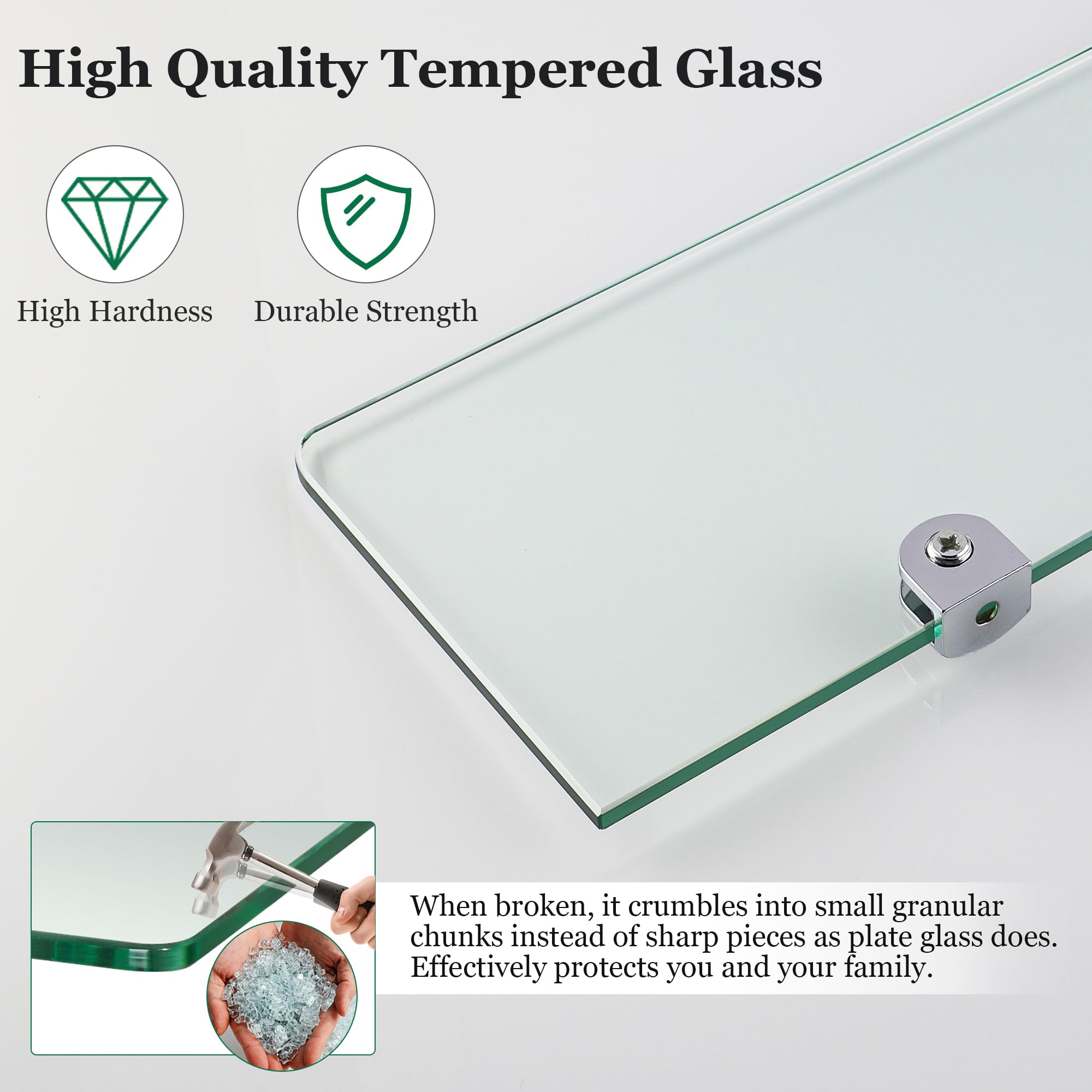 SAYAYO rustproof chrome brackets shown with tempered glass shelf.