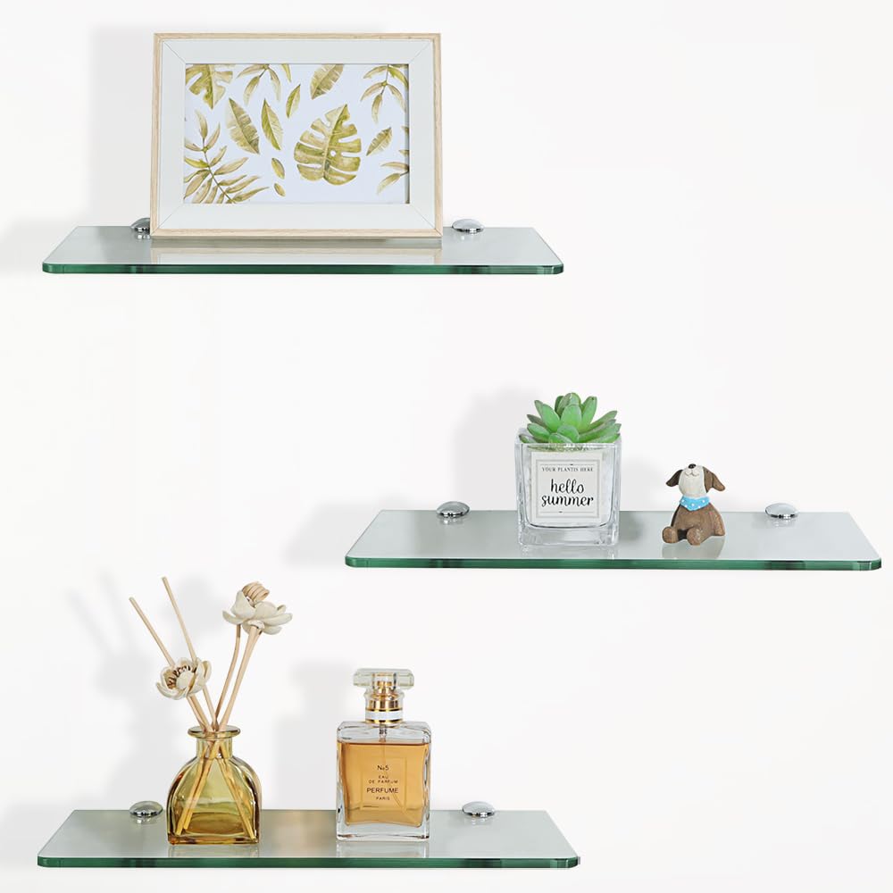 SAYAYO glass floating shelves on wall 3pc kit for space-saving display.