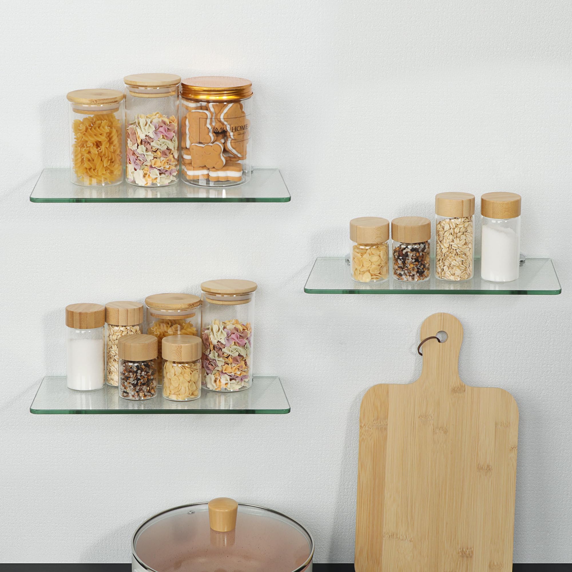 SAYAYO tempered glass bathroom shelf closeup with sturdy chrome brackets.