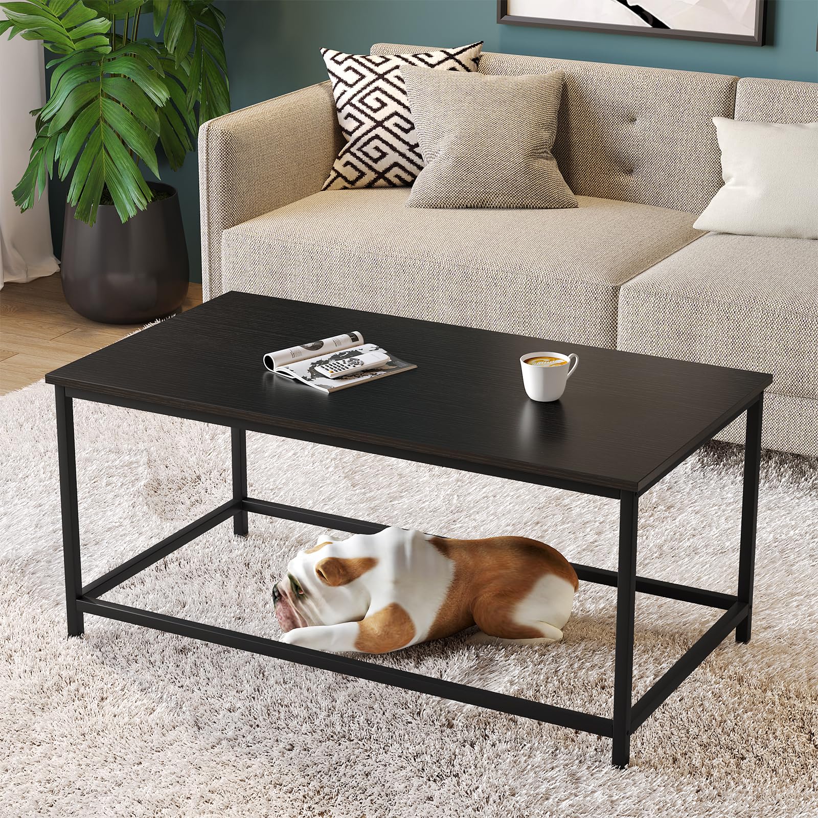 SAYGOER Black Coffee Table underneath storage area keeps cushions within reach.