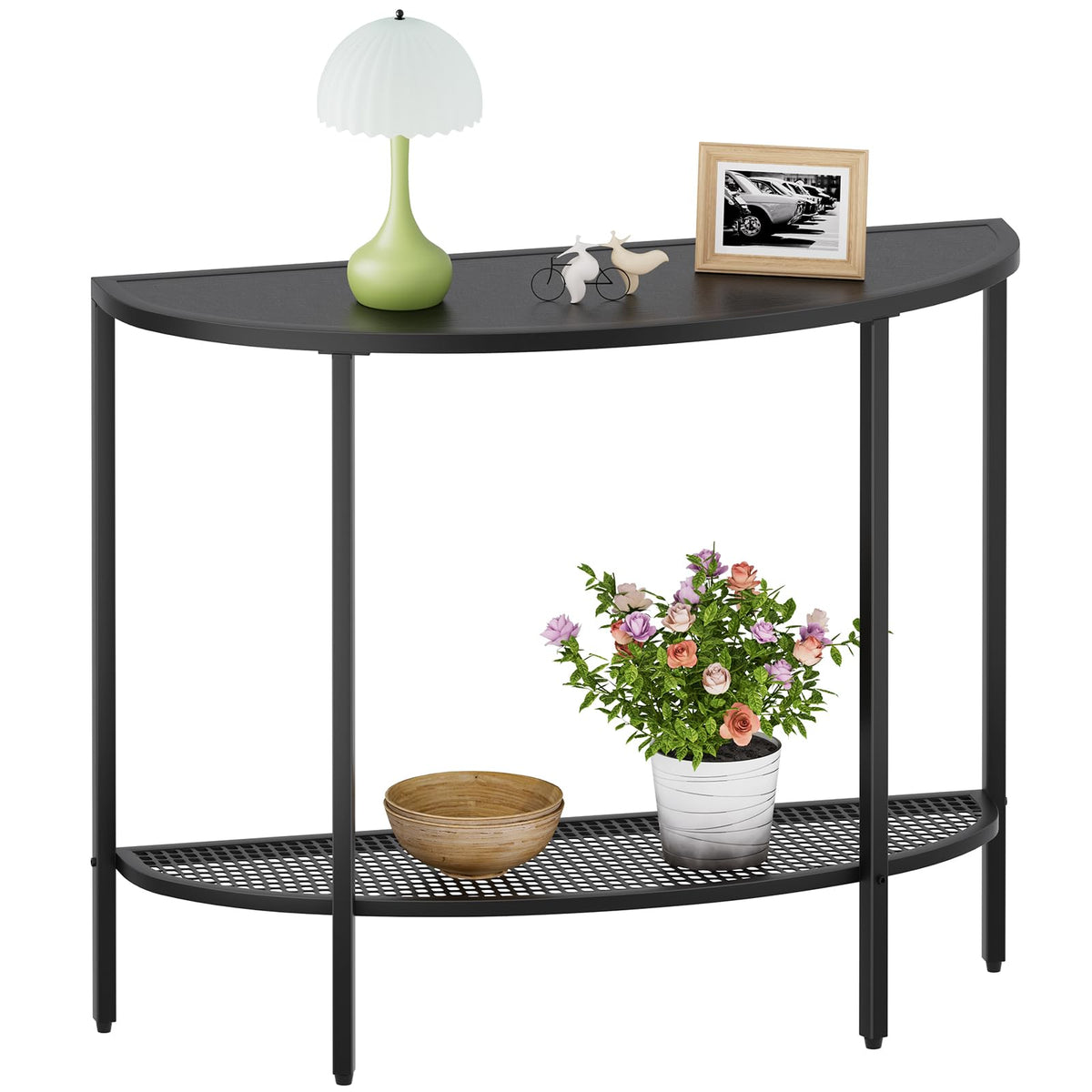 SAYGOER black half moon console table with two tiers for entryway storage.
