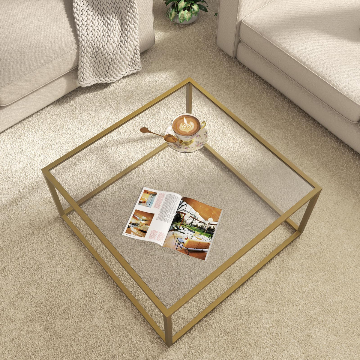 Saygoer glass coffee table with clear top, ideal for magazines and beverages.