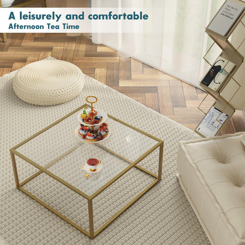 Saygoer glass coffee table 26.7 by 26.7 inches fits compact spaces.