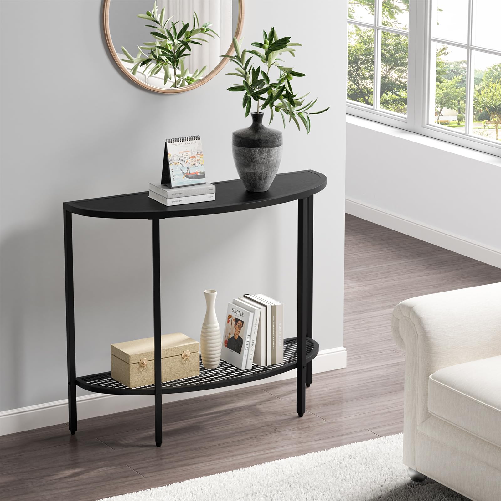 SAYGOER narrow entryway table stores decor and essentials without crowding space.