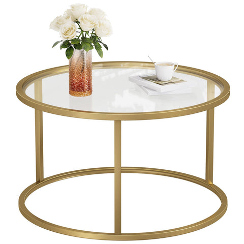 SAYGOER small glass coffee table with round gold frame for small spaces.