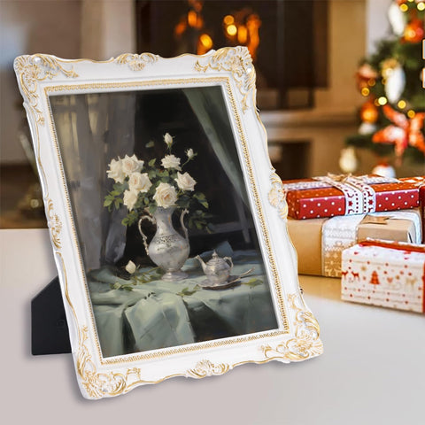 Saysmile ornate white frame displayed on tabletop or wall with elegant presence.