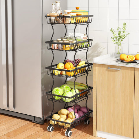 SAYZH 5-tier stackable fruit basket organizes produce and snacks efficiently.