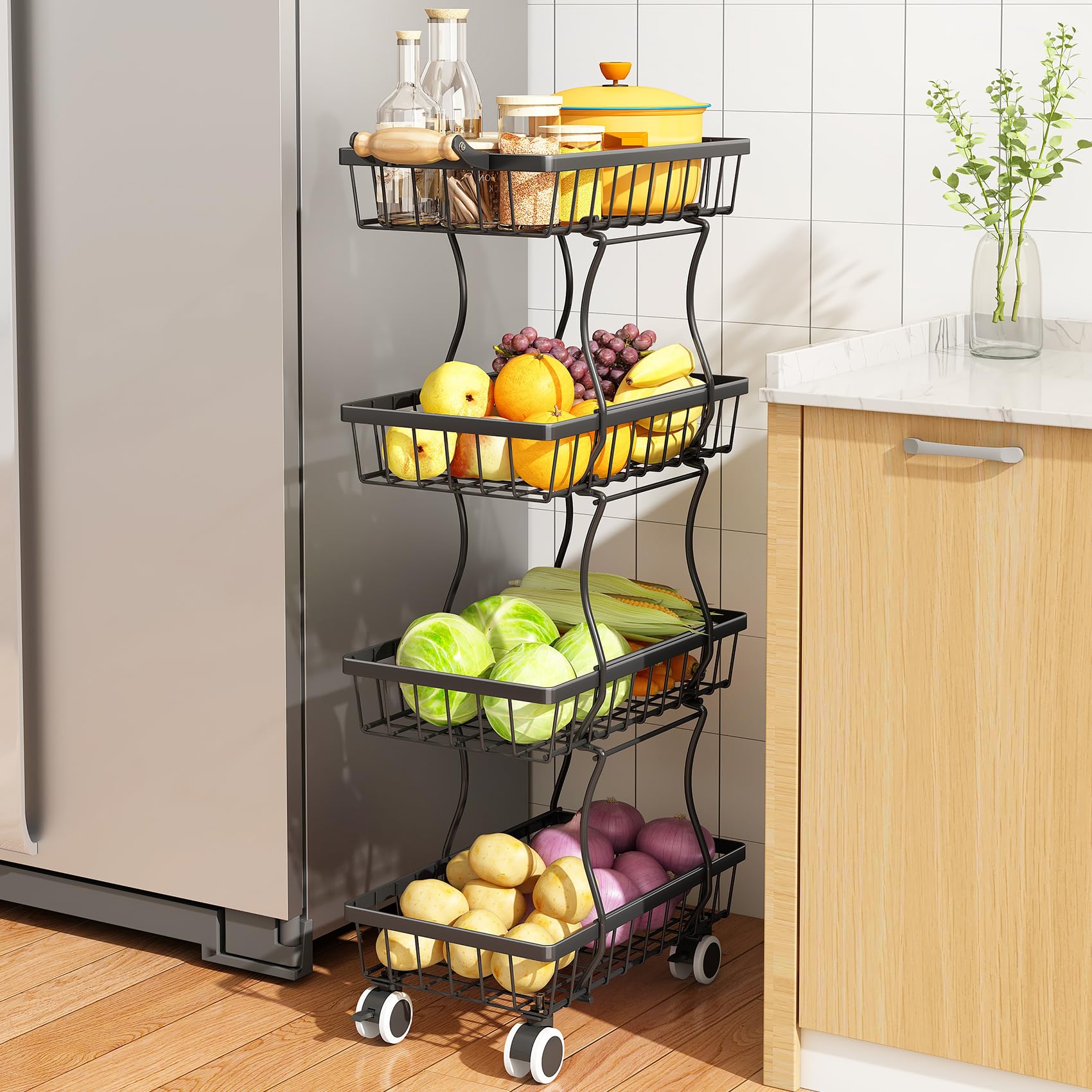 SAYZH 4-tier stackable fruit basket stand for organized kitchen storage.