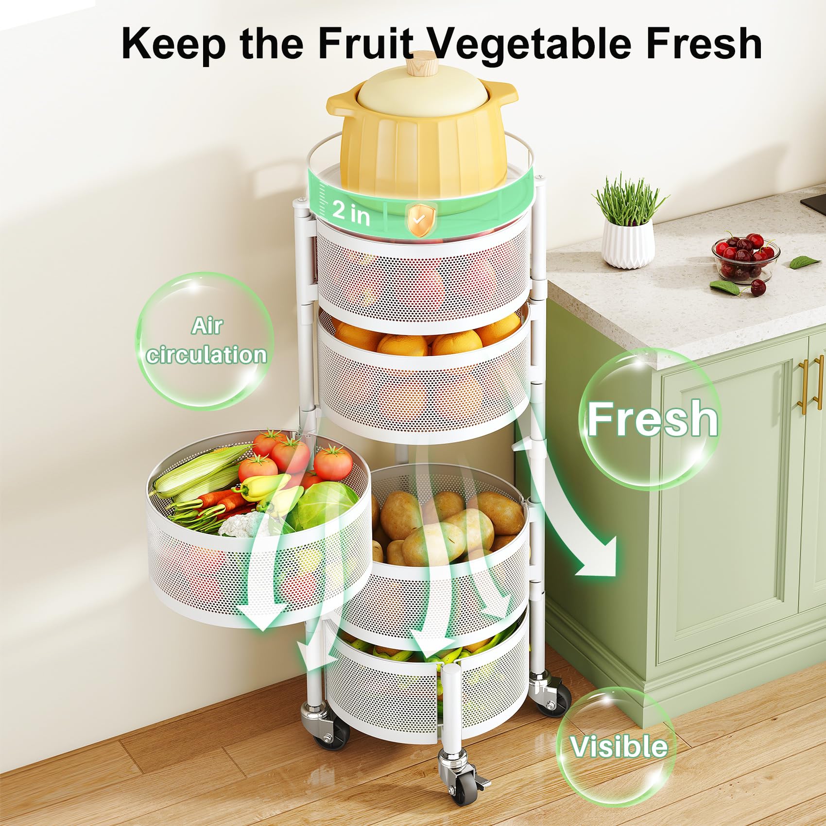 SAYZH top-lid white kitchen cart protects produce from dust and spills