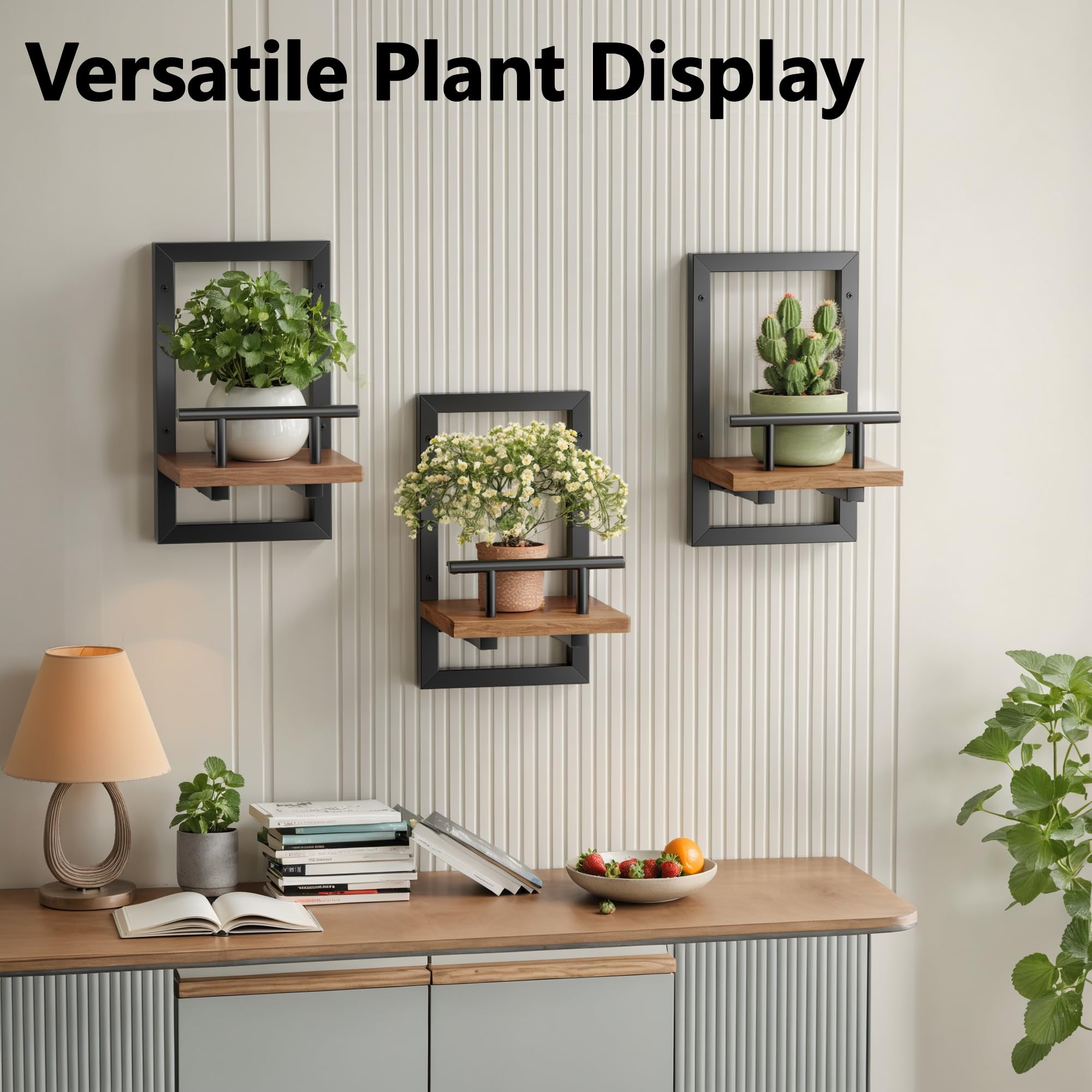 Sbosbo shelves with multiple pots arranged in living room for natural accent