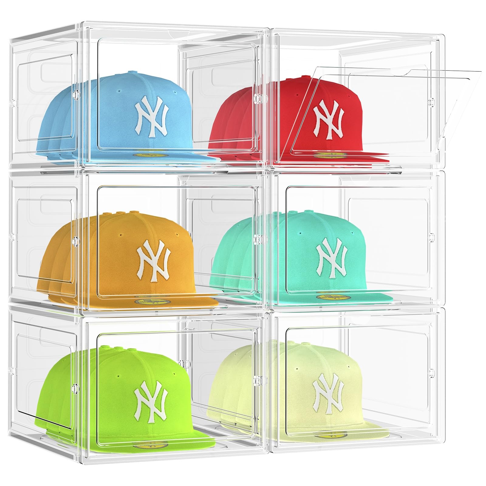 SCAVATA 6-pack hat organizer stackable boxes in clear view showing eight-hat capacity