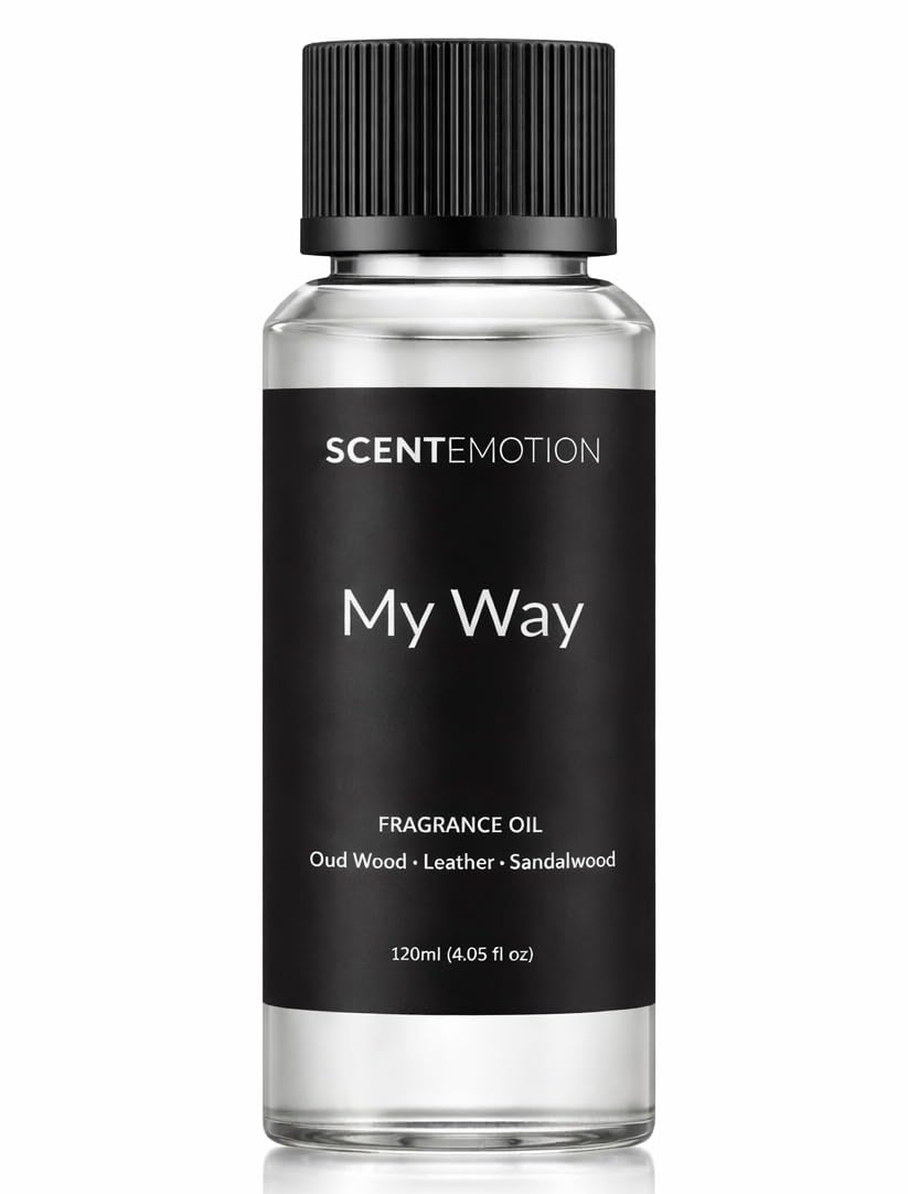 SCENTEMOTION My Way diffuser oil bottle showing leather and citrus notes for luxury ambiance.