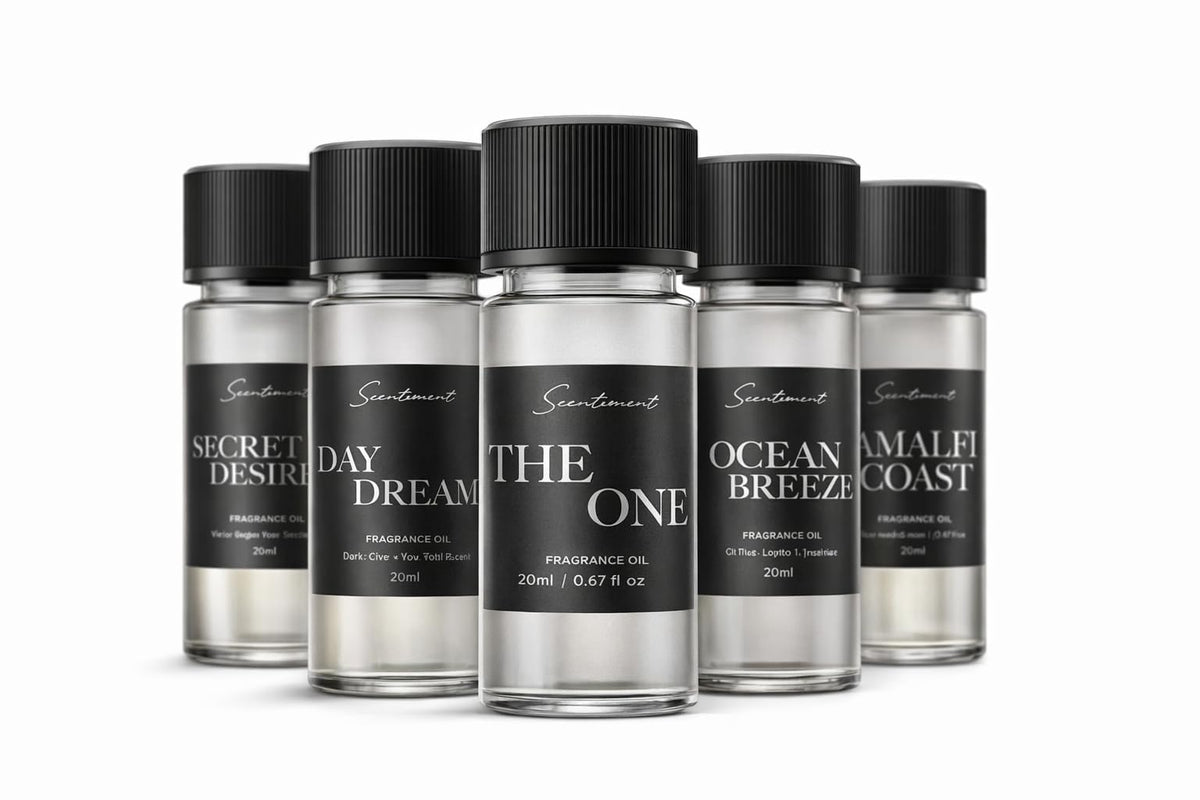 Scentiment hotel diffuser set packaging displaying five luxury oils for home diffusion.