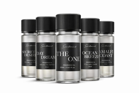 Scentiment hotel diffuser set packaging displaying five luxury oils for home diffusion.