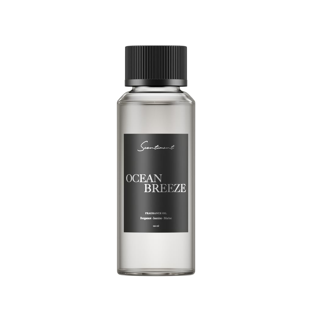 Scentiment Ocean Breeze bergamot-lemon-jasmine diffuser oil bottle for a refreshing room aroma.