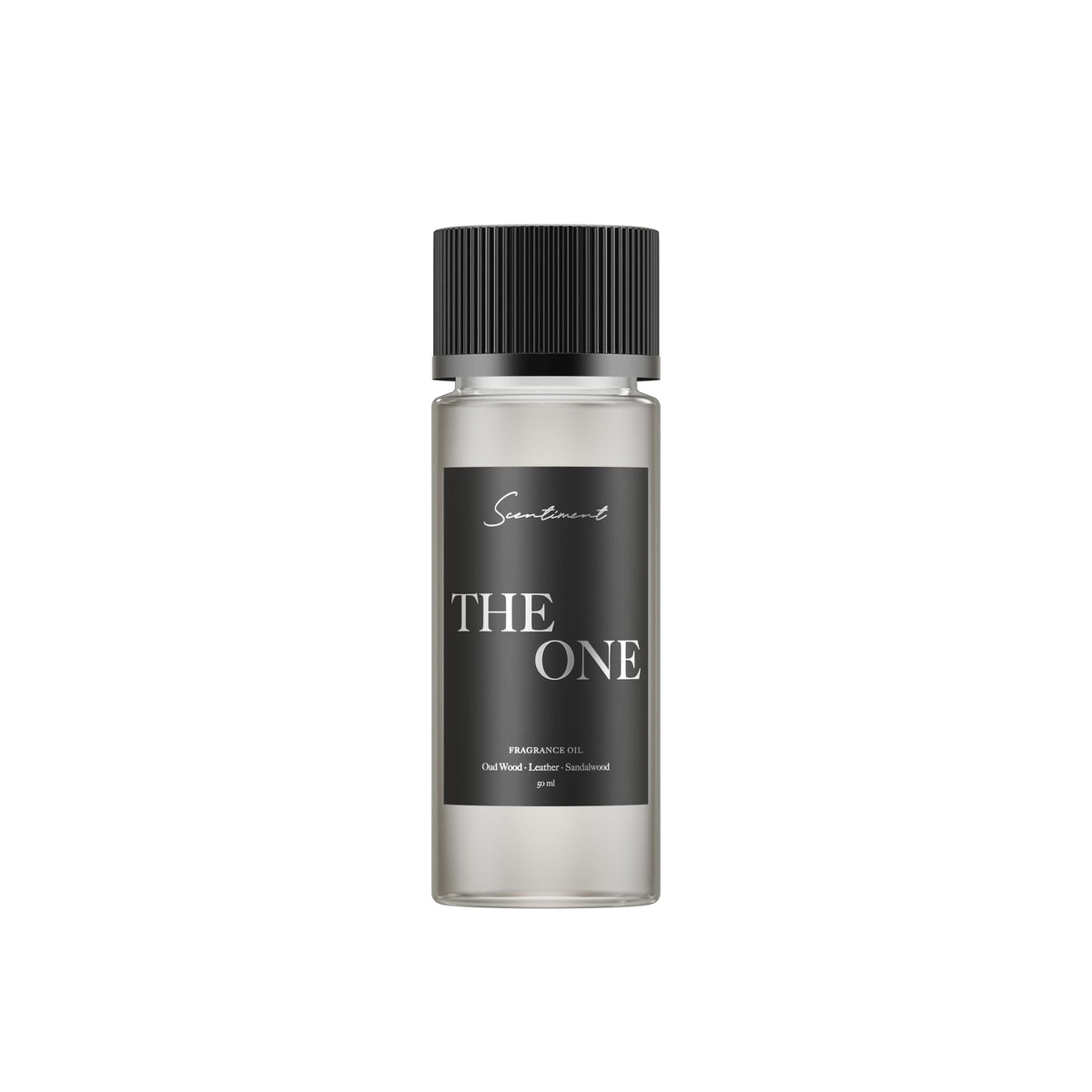 Scentiment The One diffuser oil bottle with cardamom, leather, and lemon for a luxurious room scent.