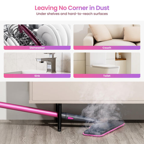 Detachable handheld steamer targets grout and tiled surfaces.