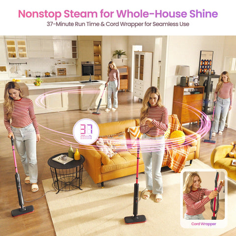 Schenley steam mop self-standing design for easy breaks