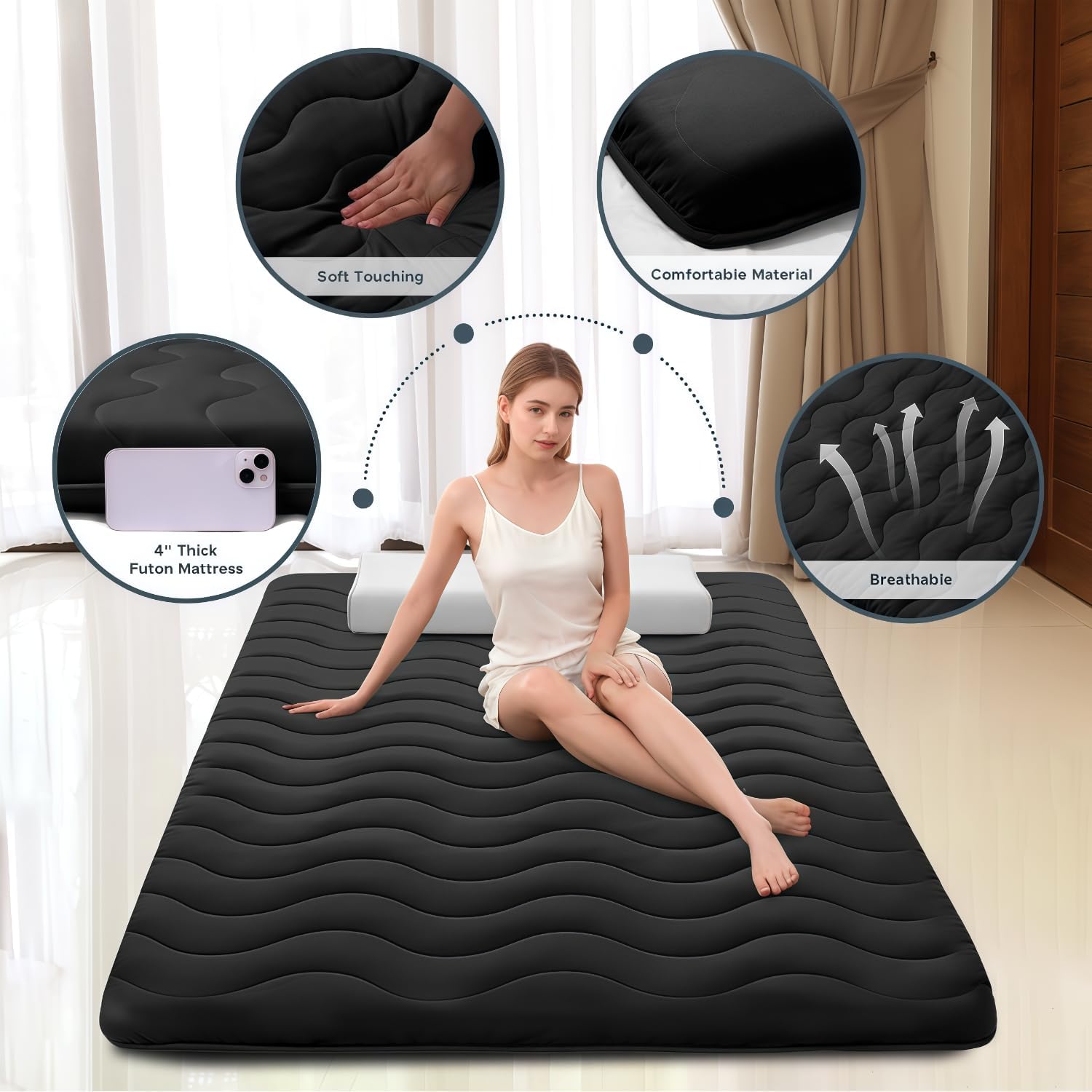 SCHNAUZER HOME Japanese floor mattress rolled compact for easy transport and storage.