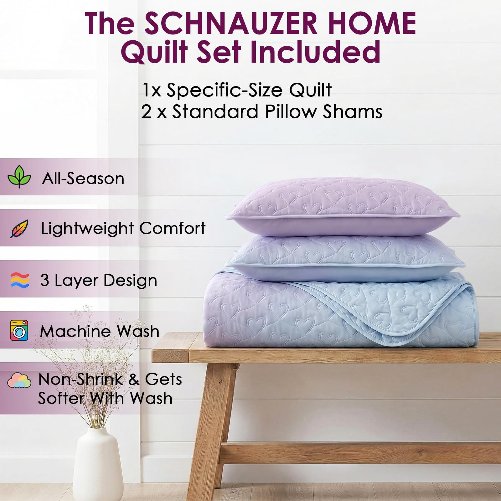 SCHNAUZER HOME quilt set on bed with two shams ready for quick setup.