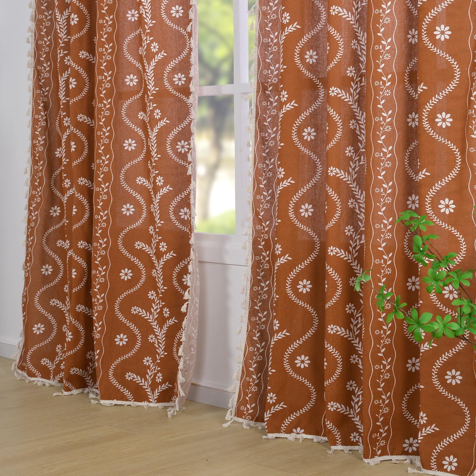 Schweek floral linen panels, 52W by 63L, diffuse light softly for dining areas.