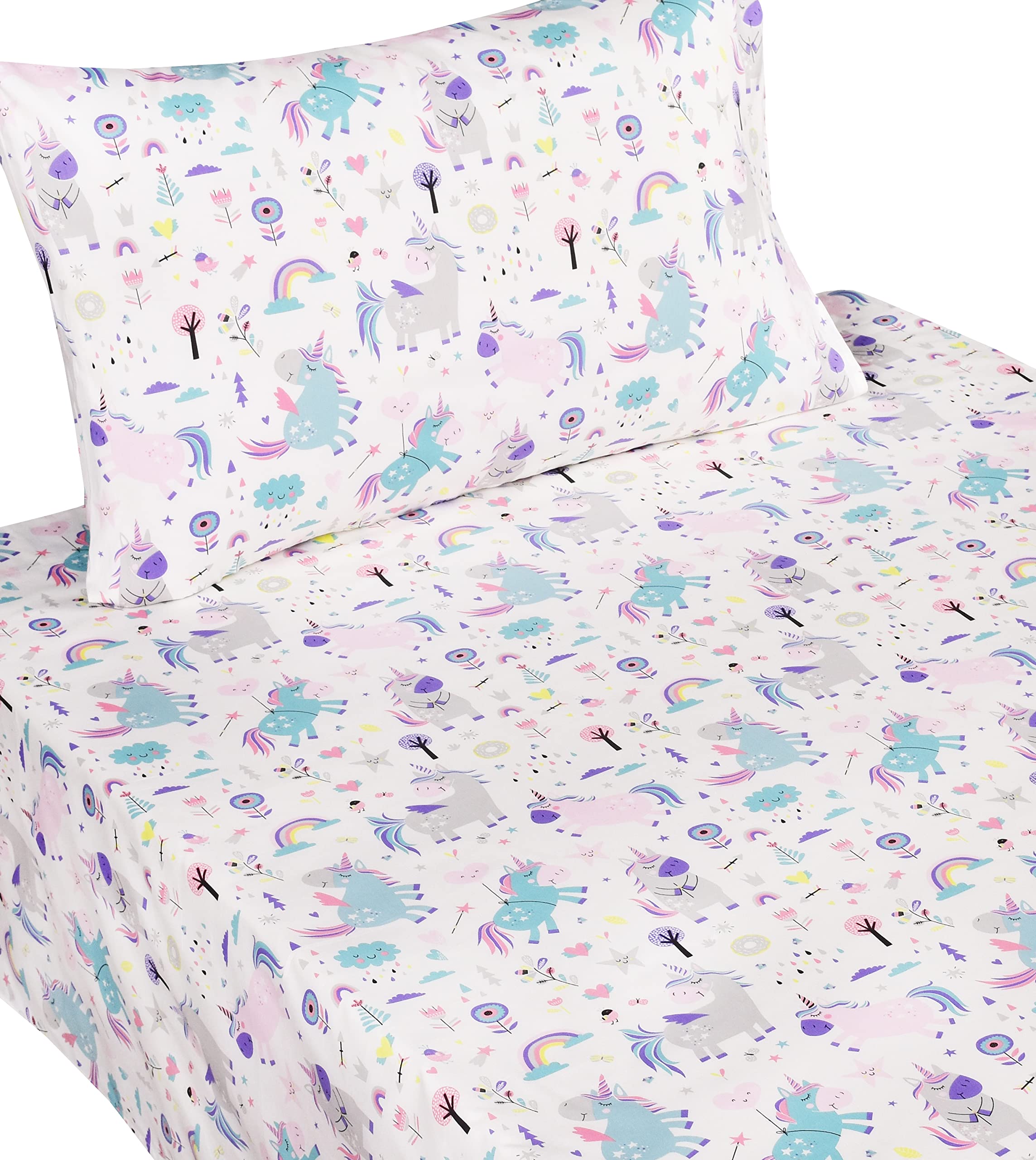 Scientific Sleep Unicorn Rainbow twin fitted sheet with elastic for secure fit.
