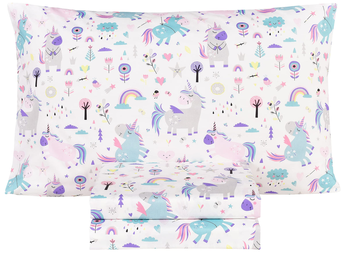 Scientific Sleep Cute Unicorn Rainbow twin flat sheet for kids' rooms.