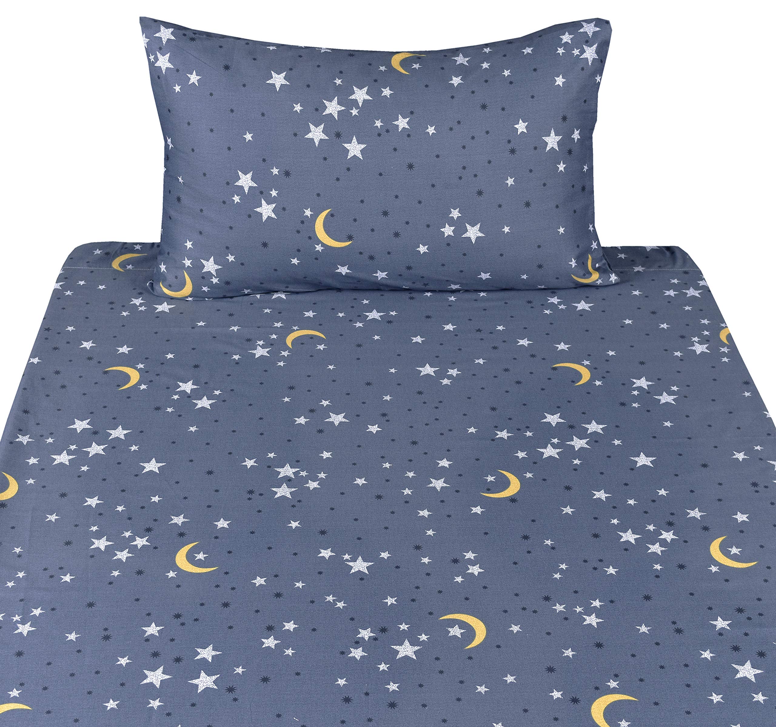 Scientific Sleep Moon & Stars fitted sheet with elastic edge for secure fit.