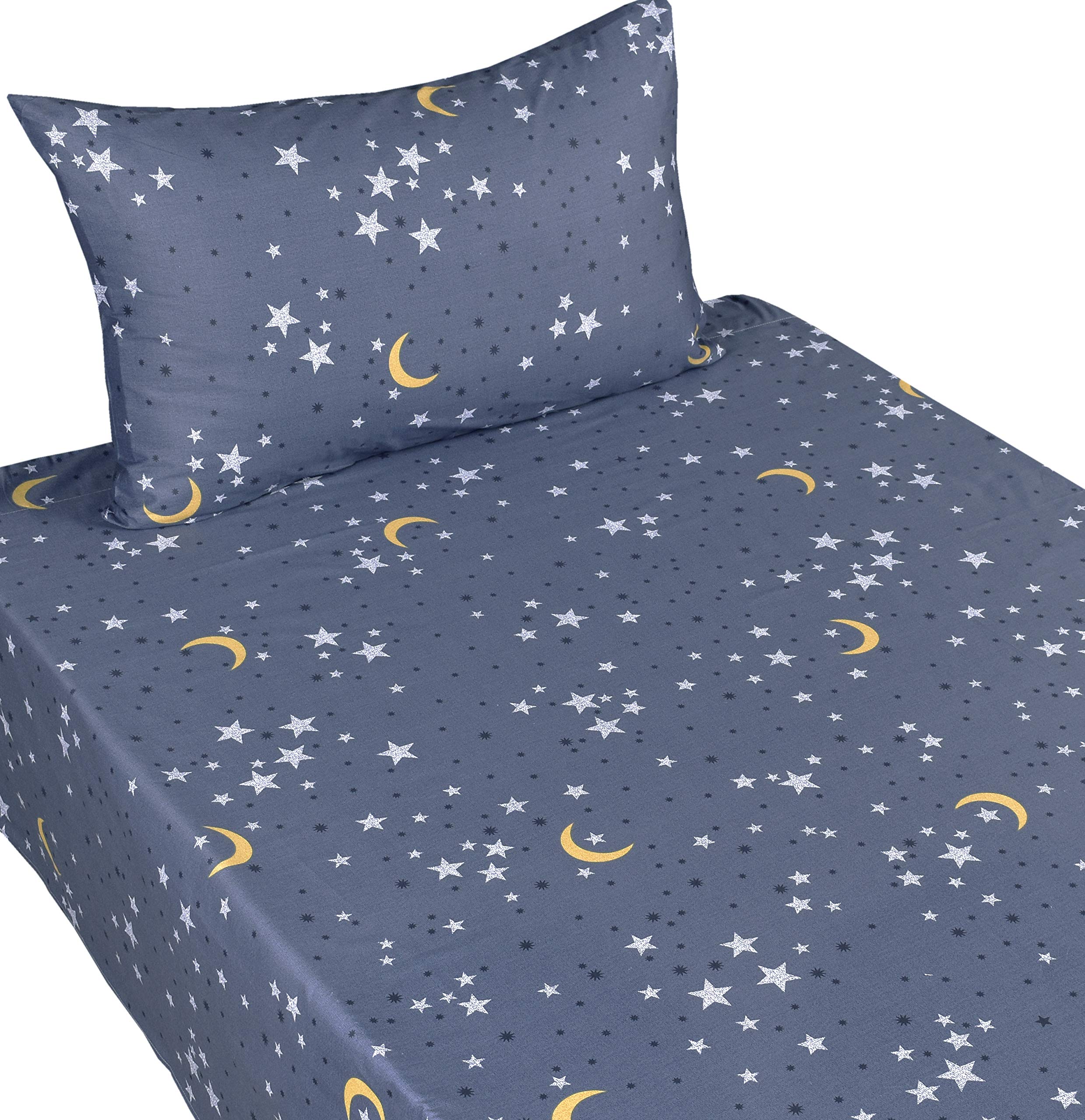 Scientific Sleep Moon & Stars pillowcase, breathable cotton for cool, comfortable sleep.