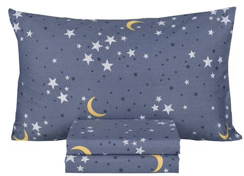 Scientific Sleep Moon & Stars twin flat sheet, cozy night comfort from 100% cotton.