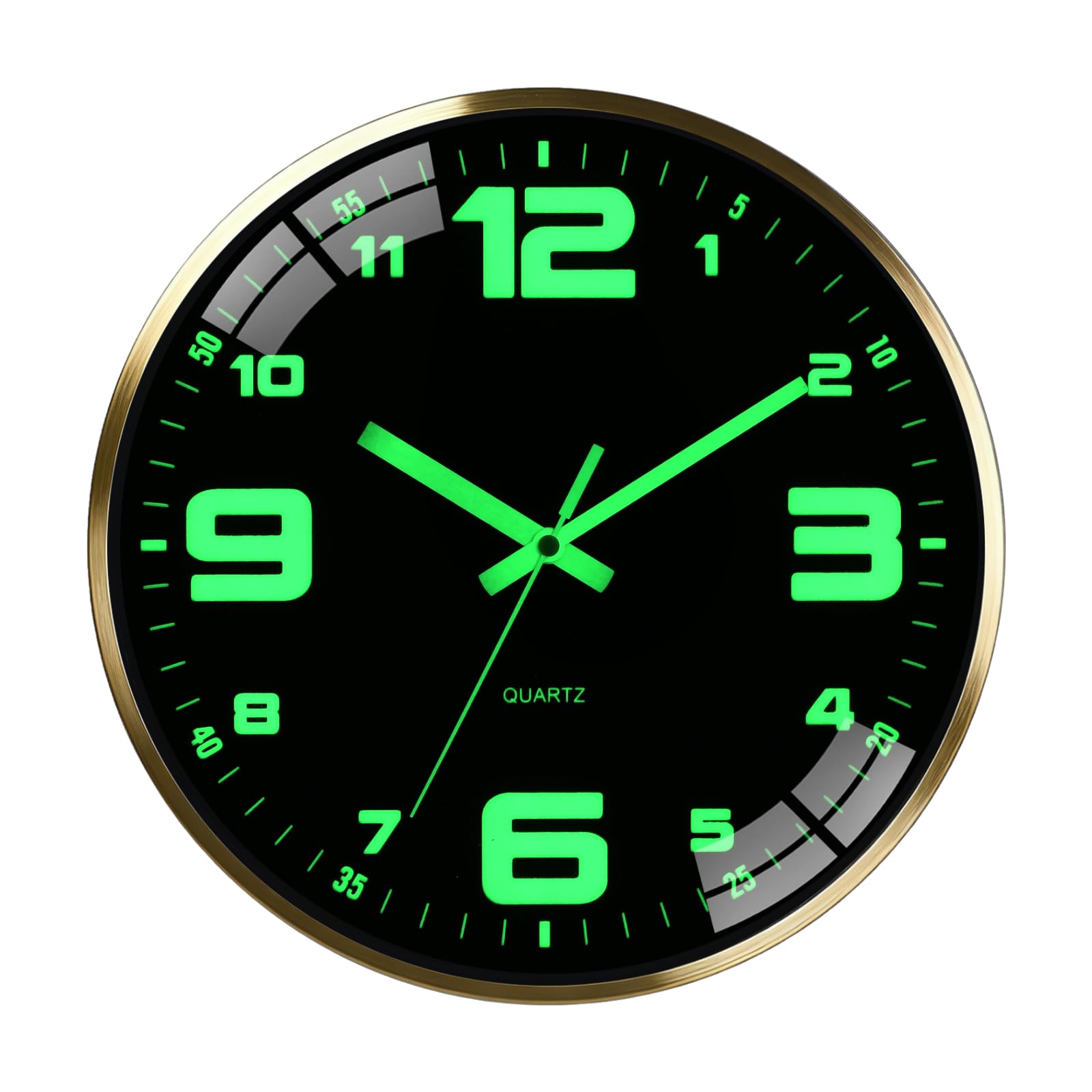 Scnfed 12-inch luminous clock with metal frame glows softly in low light.