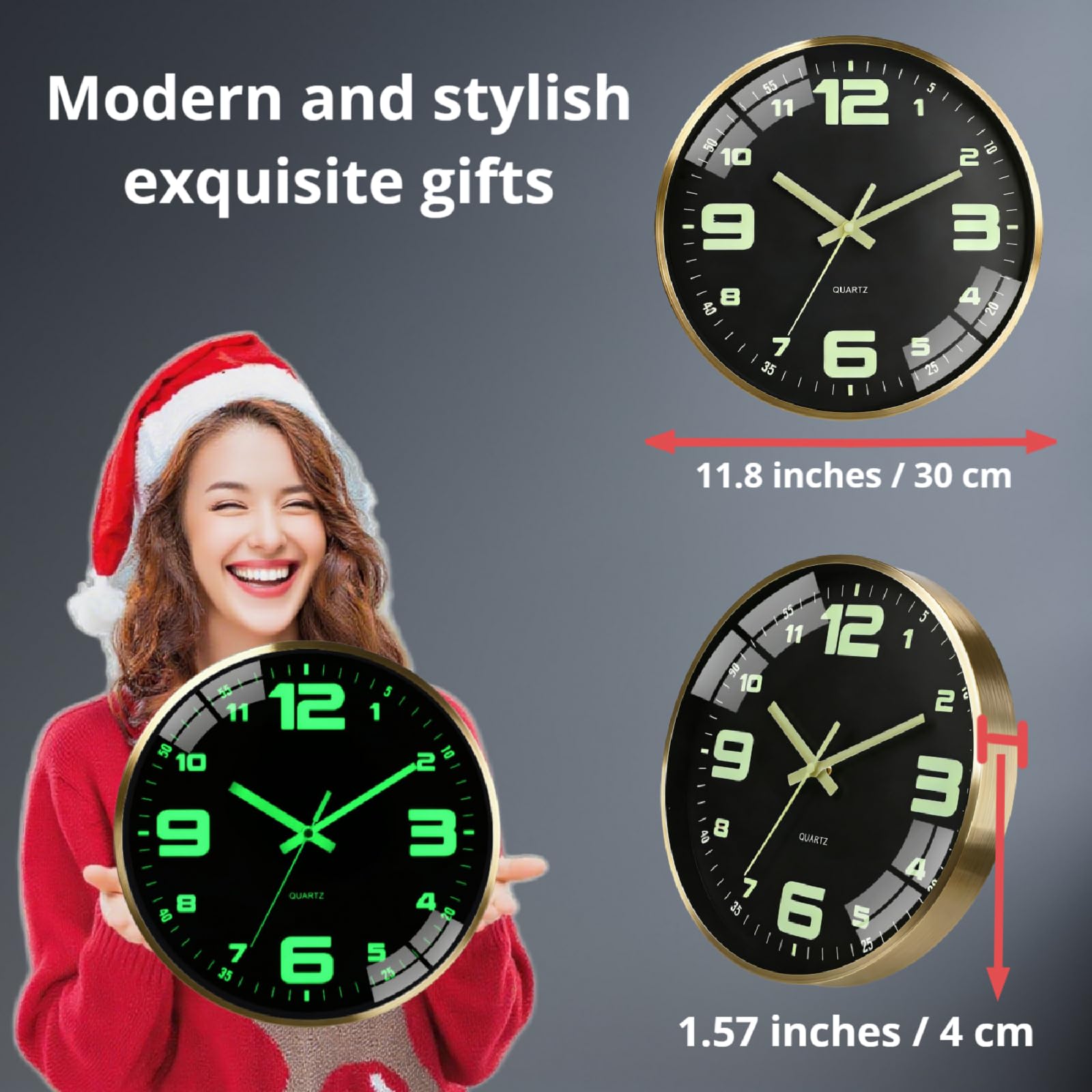 Scnfed clock glow in darkness aids quick time reading at night.