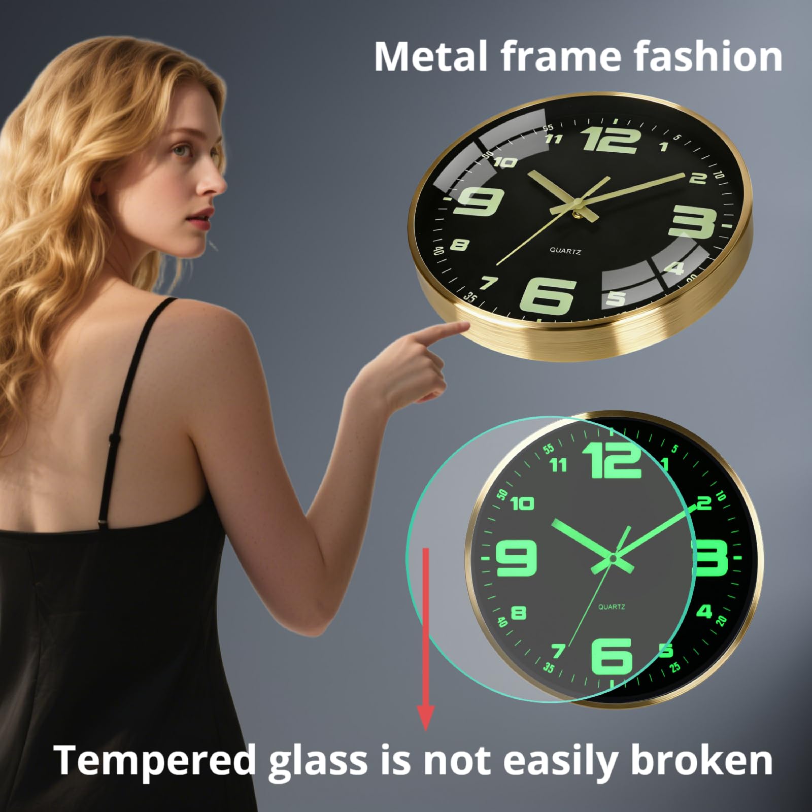 Scnfed luminous clock uses silent movement for undisturbed rooms.