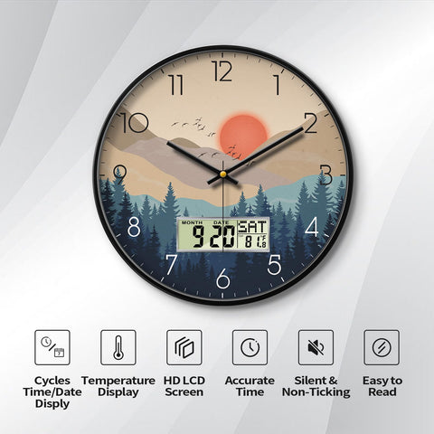 SCOAGE wilderness sunset clock display visible showing date and temperature
