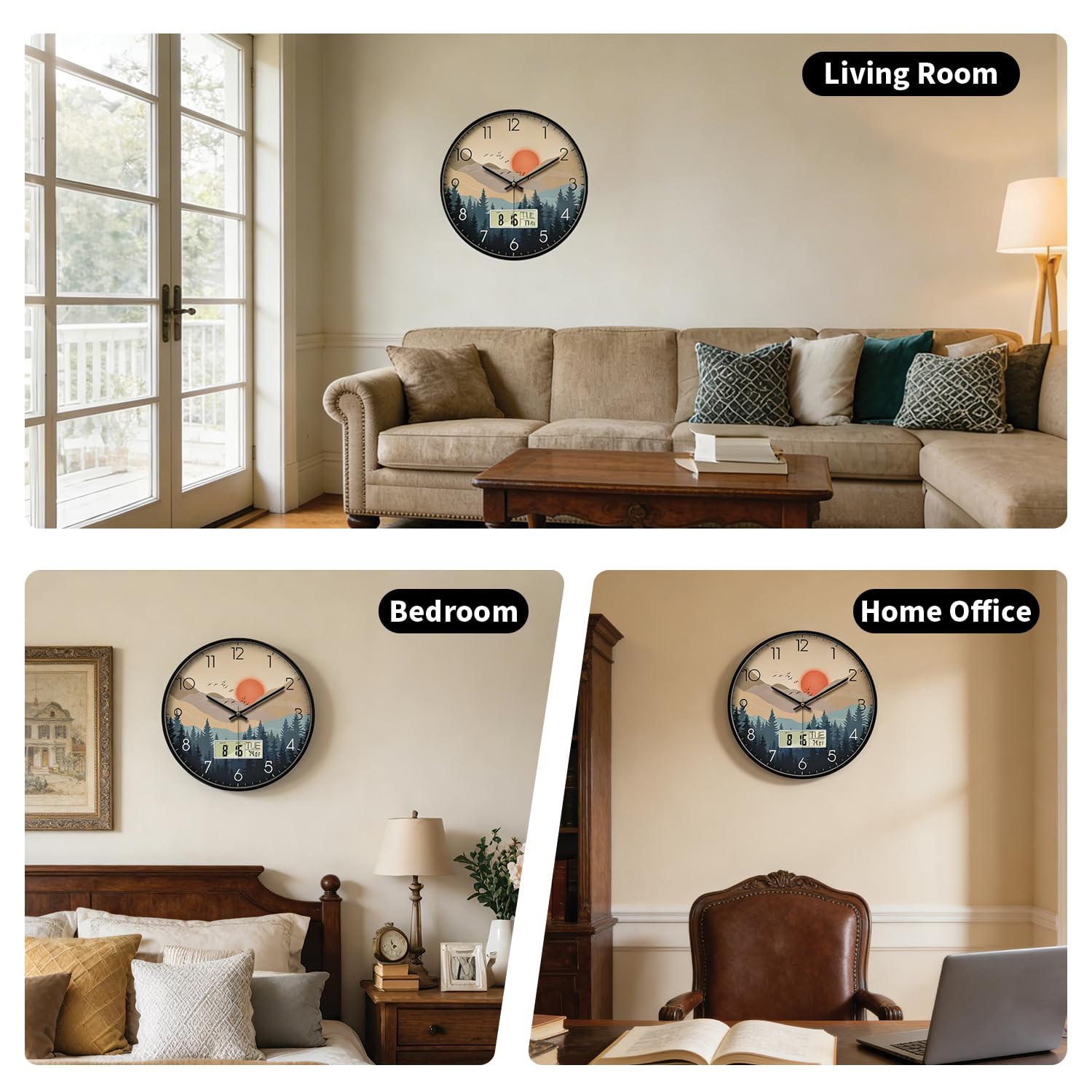 SCOAGE wilderness sunset 12-inch clock close-up on scratch-resistant glass