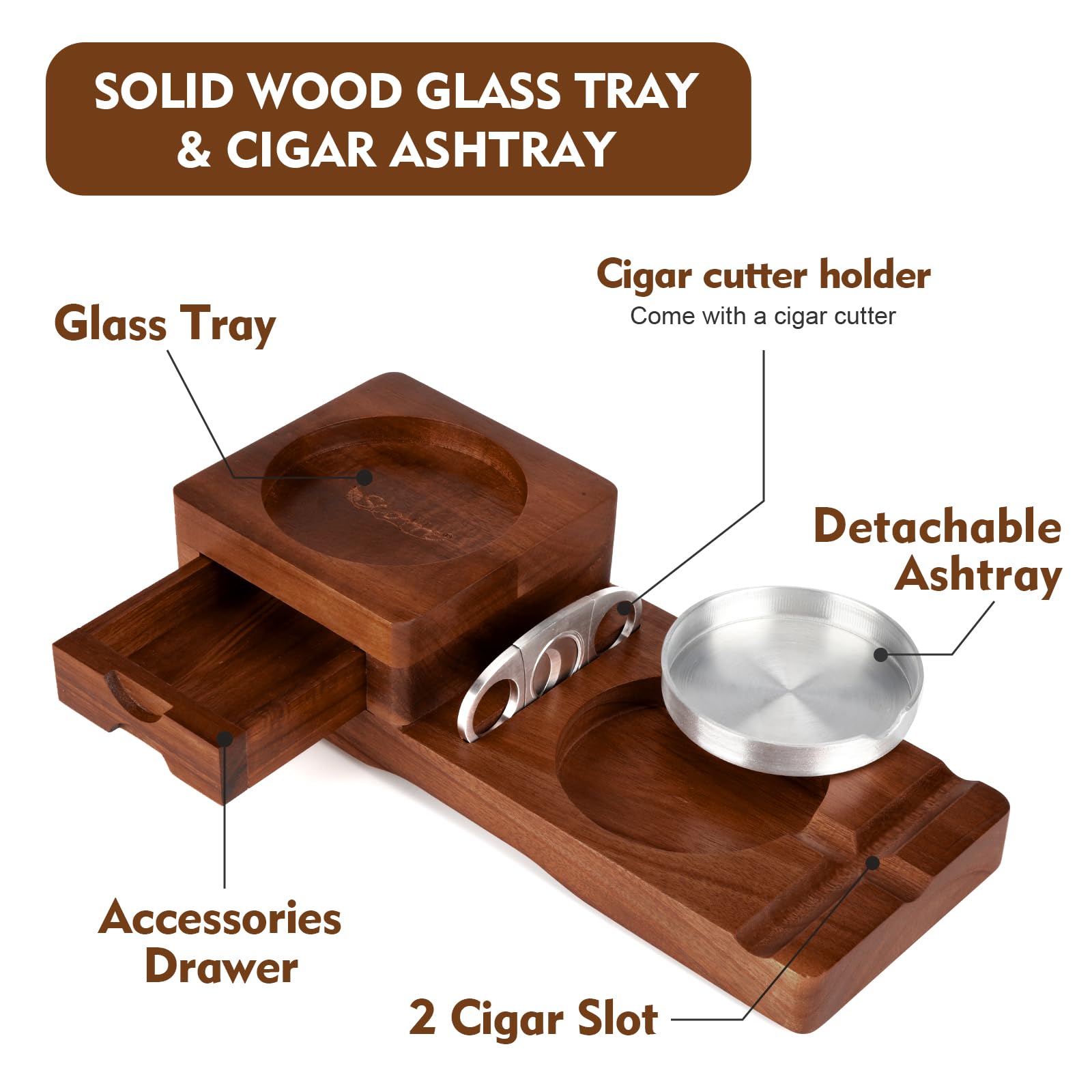 Scotte wooden ashtray with aluminum removable bowl for easy cleaning.